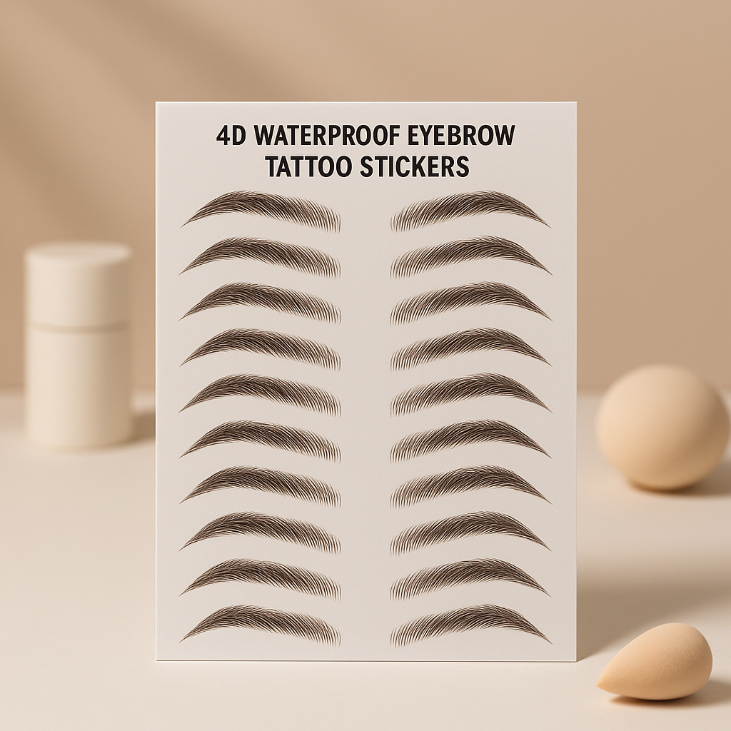 4D Waterproof Eyebrow Tattoo Stickers sheet with natural hair stroke eyebrow designs on beige background