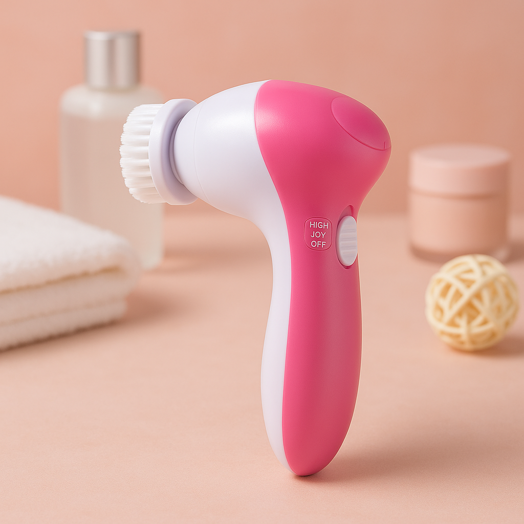 Pink and white 5 in 1 electric facial cleansing brush with soft bristles on a beige surface with skincare accessories in the background