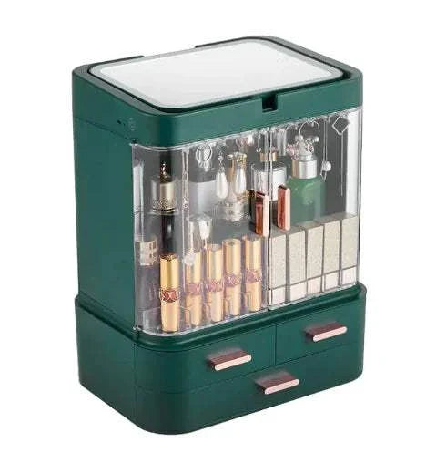 Compact desktop jewelry and skincare organizer with drawers and clear cover for cosmetics and accessories storage
