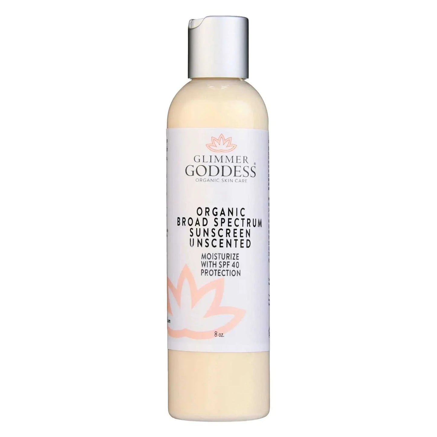 Bottle of Glimmer Goddess Organic Broad Spectrum Sunscreen SPF 40 unscented lotion