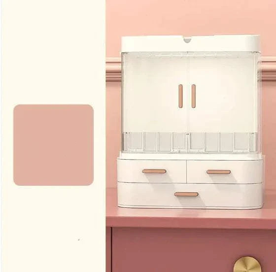Desktop jewelry and skincare organizer with multiple compartments and covered drawers on pink desk