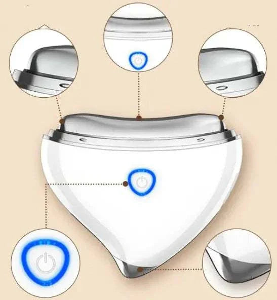 White ergonomic V-shaped face lifting slimming device with power button and metal contact points for EMS and light therapy
