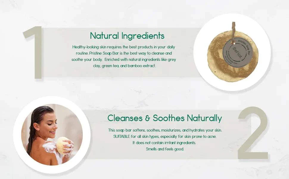 Pristine Soap Bar with natural green clay, bamboo, green tea, and loofah for gentle exfoliation and moisturizing.