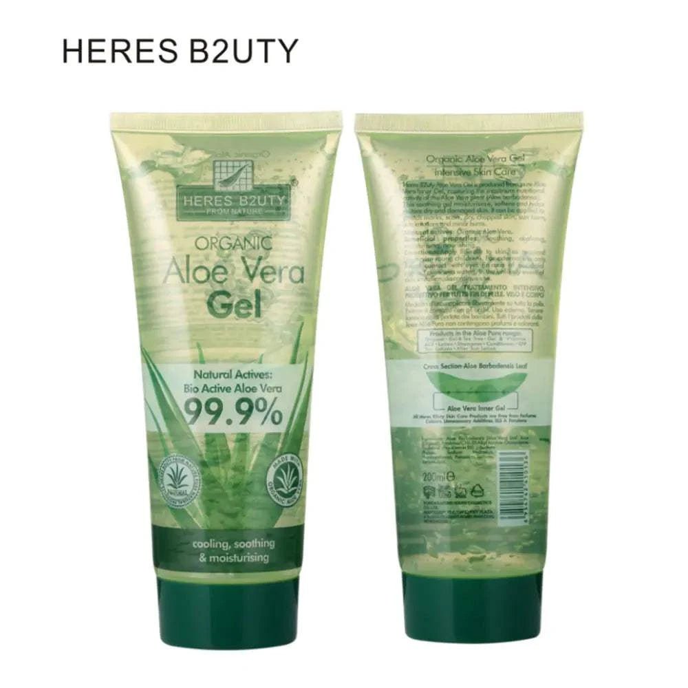 Tube of HERES B2UTY Organic Aloe Vera Gel with 99.9% active aloe, front and back view