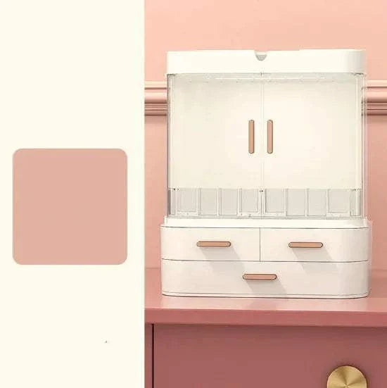 Compact desktop jewelry and skincare organizer with multiple compartments and protective cover in white plastic design