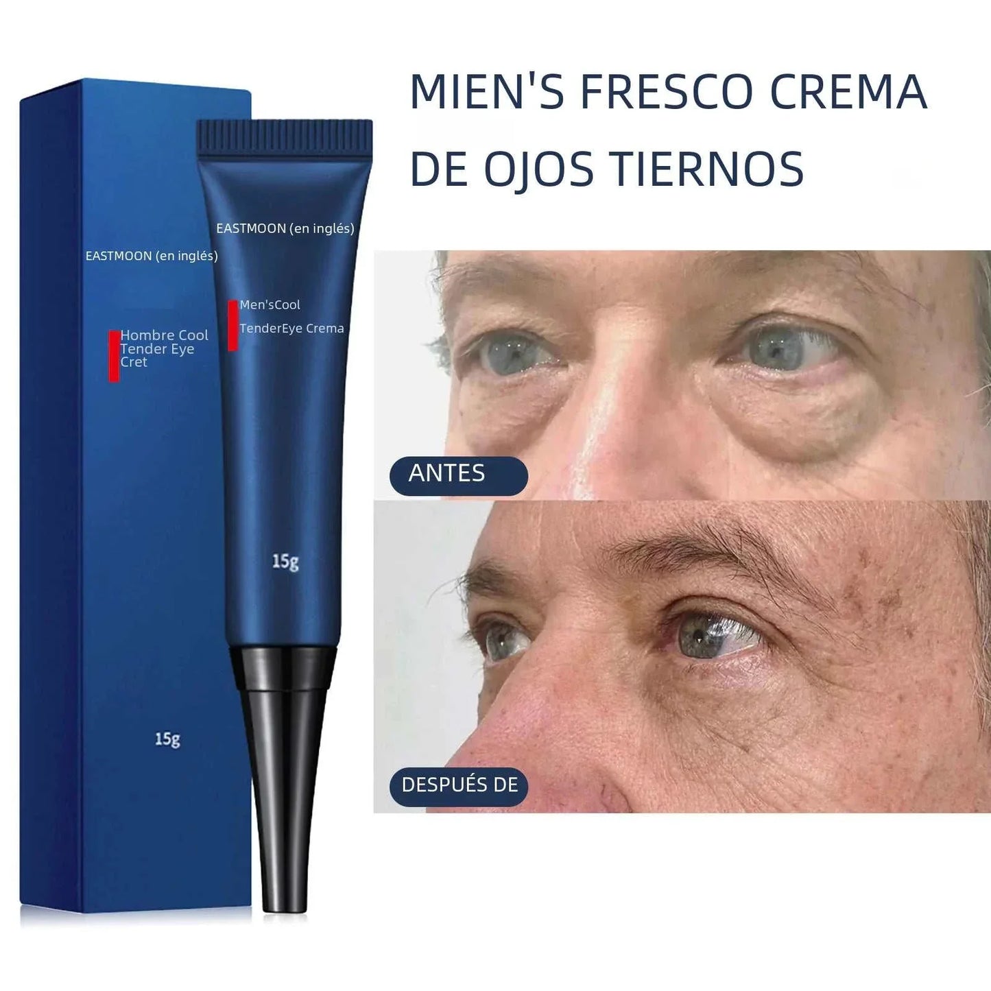 East Moon Retinol Eye Cream packaging and before after images showing reduced dark circles and puffiness around men's eyes