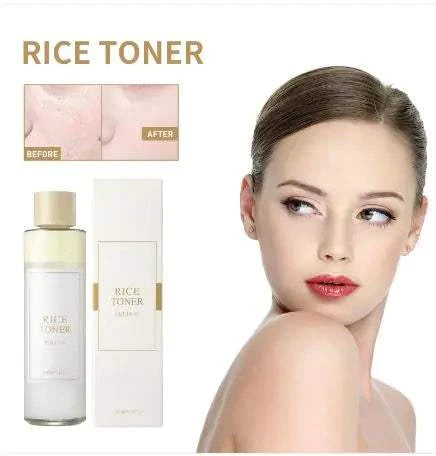 Rice Face Toner hydrating and brightening skincare product with before and after texture results and model with clear skin