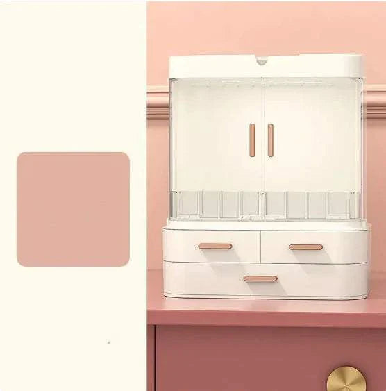 Compact desktop jewelry and skincare organizer with drawers and covered compartments for cosmetics storage