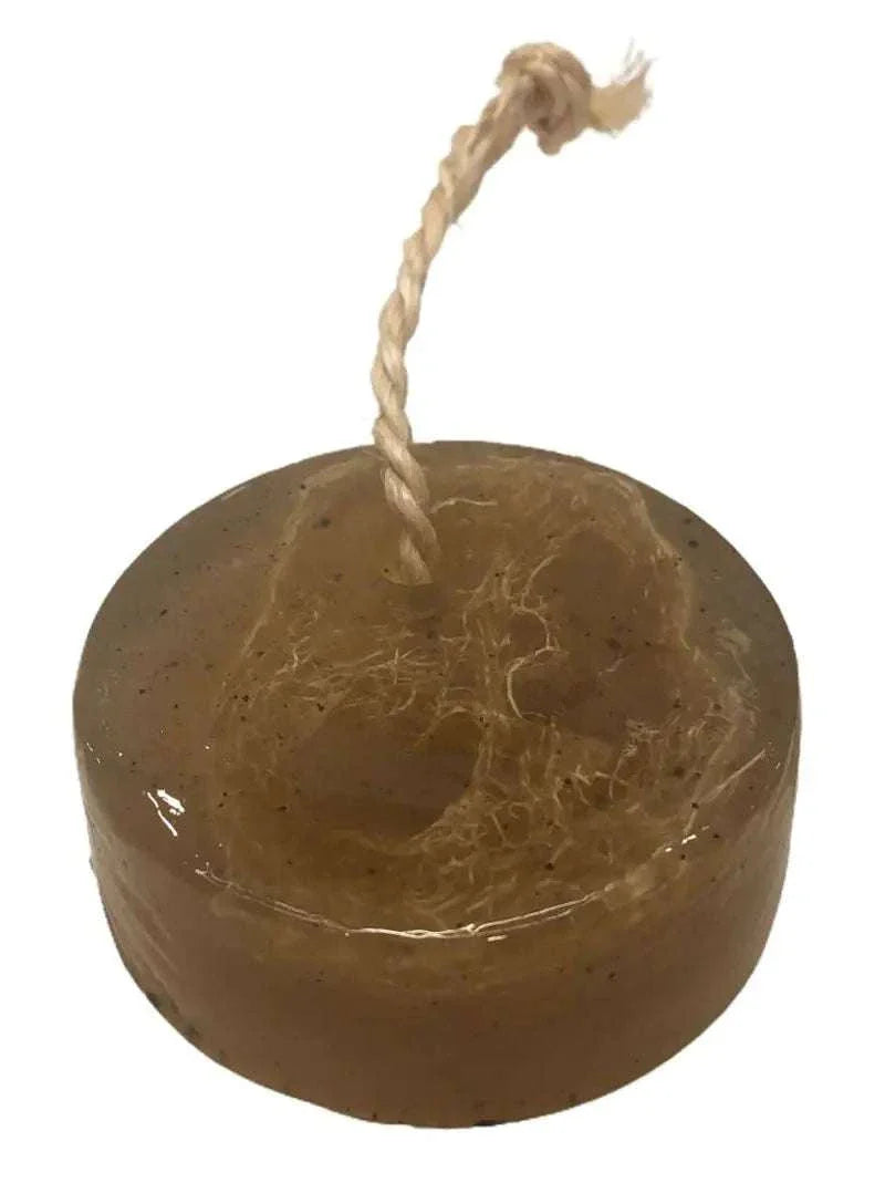 Pristine Soap Bar with natural green clay, bamboo, green tea, and loofah on a rope for gentle exfoliation and moisturizing skin care