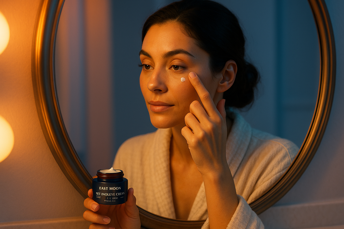 Woman applying East Moon Retinol Eye Cream under her eyes beside a round mirror