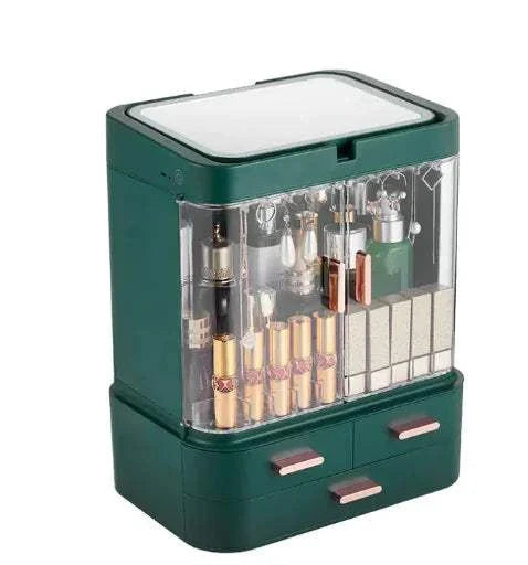 Compact green desktop jewelry and skincare organizer with transparent cover and multiple drawers for cosmetics storage