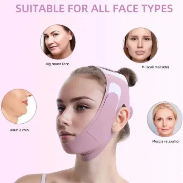Woman wearing pink V-shaped face lifting mask bandage suitable for all face types including big round face, double chin, musculi masseter, and muscle relaxator