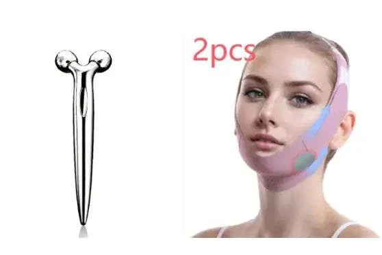 Face lifting mask V-shaped bandage for jawline firming and skin tightening with adjustable straps and breathable fabric in pink color.