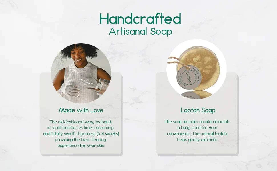 Pristine Soap Bar handcrafted with green clay, bamboo, green tea, natural loofah, and hanging cord for gentle exfoliation and moisturizing.
