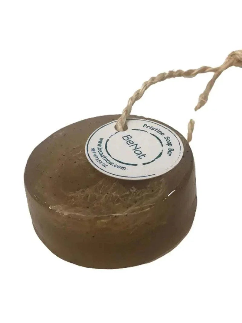 Pristine Soap Bar with green clay, bamboo, green tea, and loofah on rope for natural exfoliating and moisturizing.