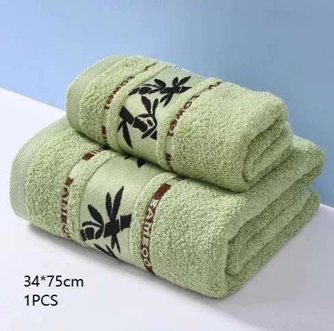 Green bamboo fiber towels set with floral design, soft and absorbent eco-friendly cotton blend, 34x75 cm size