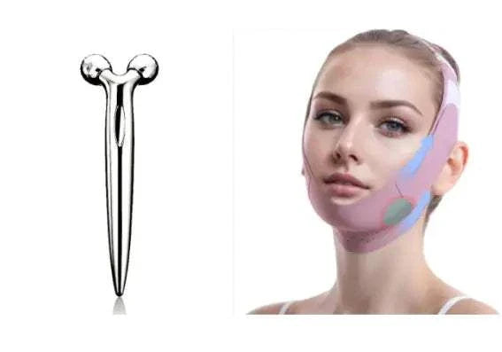 Woman wearing pink V-shaped face lifting mask bandage for jawline firming with silver facial massage tool nearby