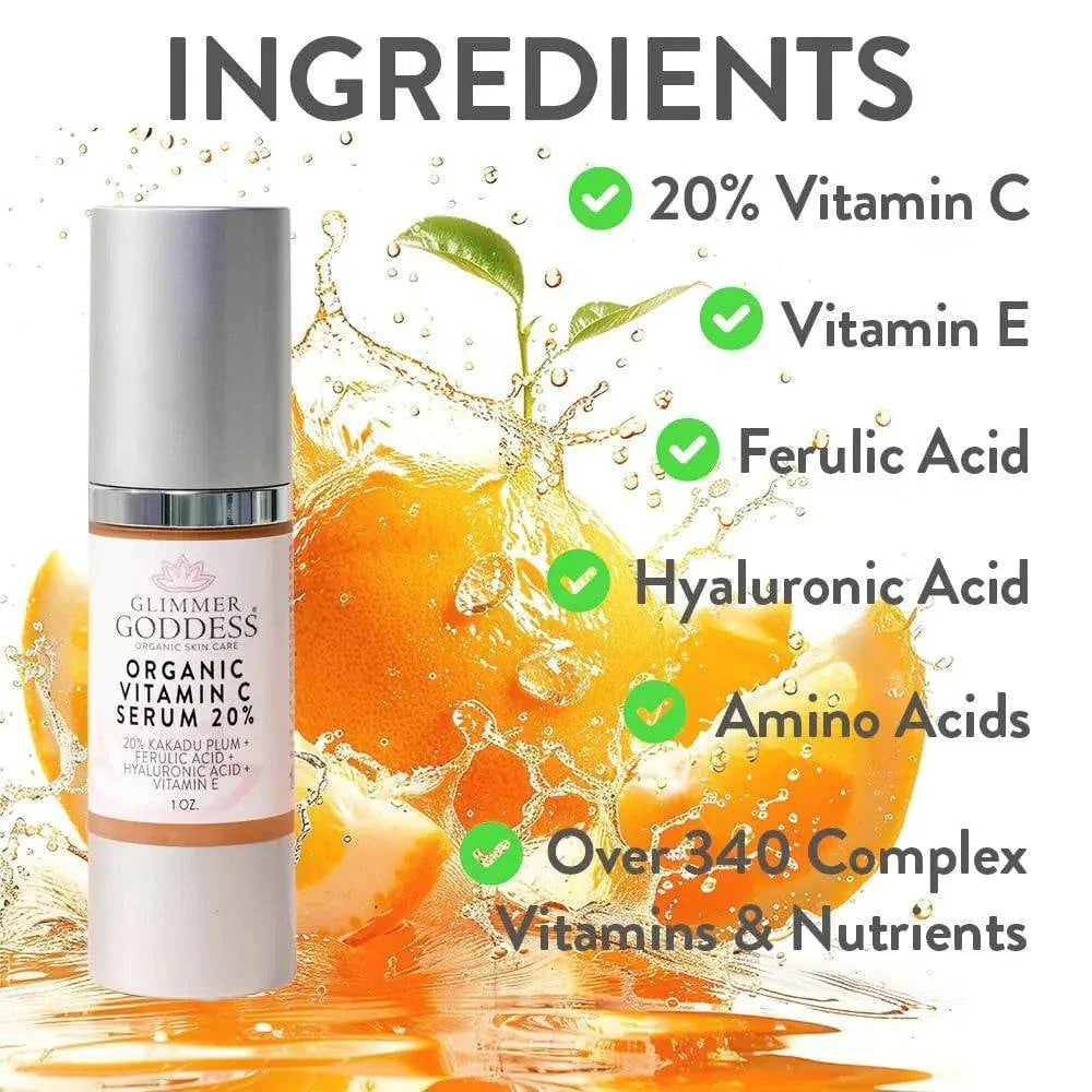Organic Vitamin C face serum bottle with vitamin C, E, ferulic acid, hyaluronic acid, and amino acids ingredients splash background