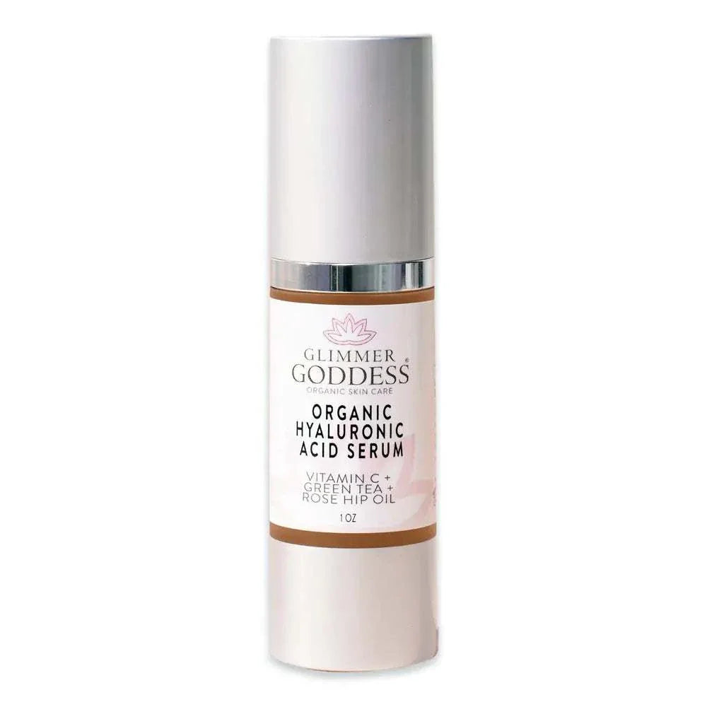 organic hyaluronic acid serum bottle with vitamin c green tea and rose hip oil for skin hydration and plumping