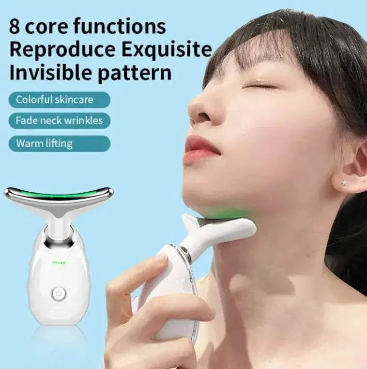 Woman using Neck Beauty Instrument for fade care and warm lifting on neck with 8 core functions display
