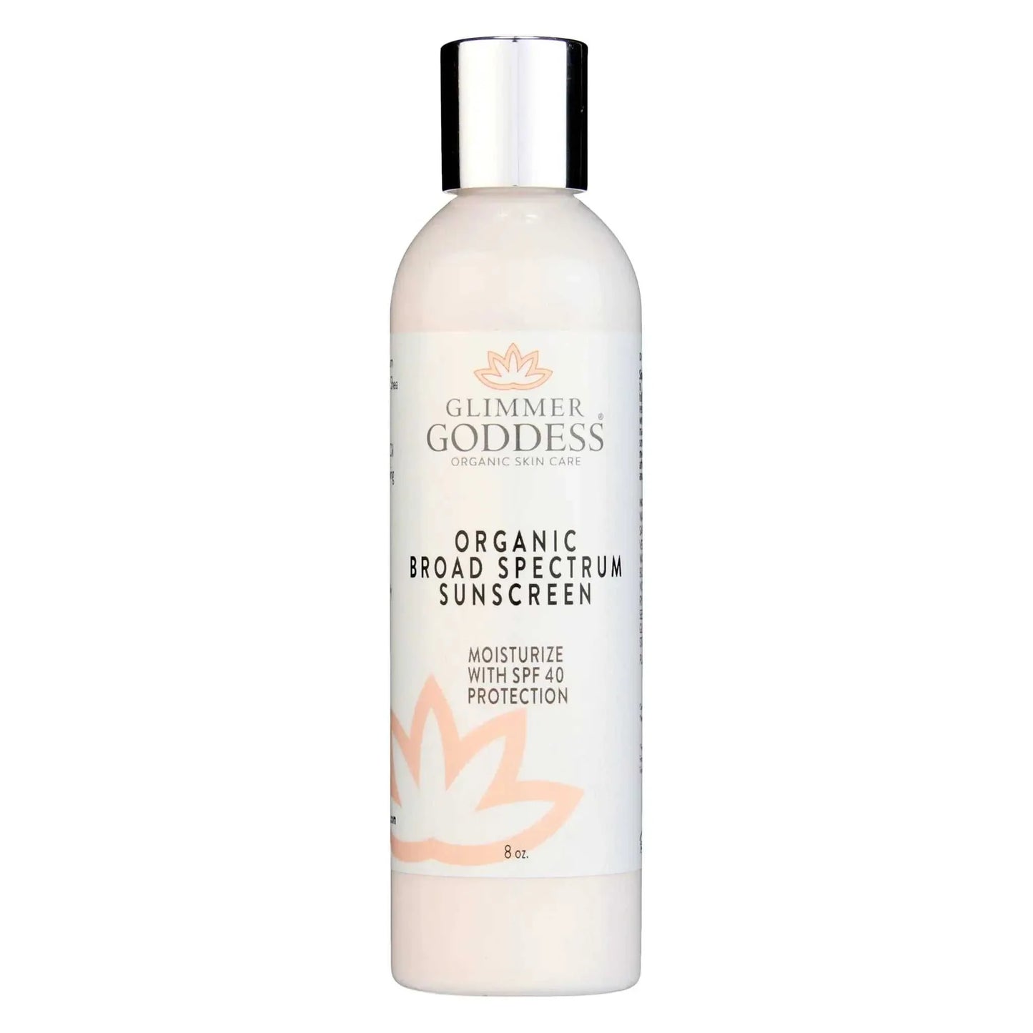 bottle of Glimmer Goddess Organic Broad Spectrum Sunscreen lotion with SPF 40 and moisturizing formula