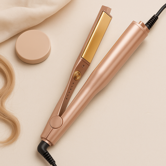 Rose gold 2-in-1 hair straightener and curler with gold plates on beige background
