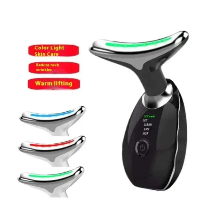 Neck Beauty Instrument with color light skin care, heat therapy, and vibration for reducing wrinkles and firming contours.
