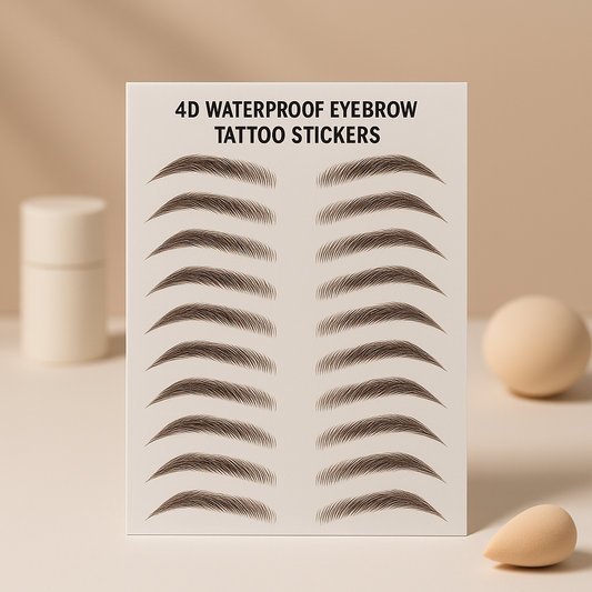 4D Waterproof Eyebrow Tattoo Stickers sheet with natural hair stroke eyebrow designs on beige background