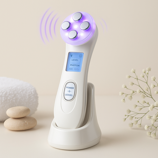 5-in-1 Face Massager Device with LED light therapy on charging stand for skin rejuvenation and wrinkle reduction