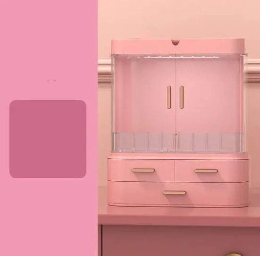 Pink desktop jewelry and skincare organizer with multiple compartments and drawers, compact plastic storage box for cosmetics and accessories