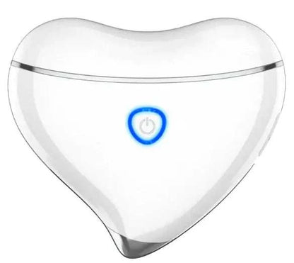 White heart-shaped face lifting slimming device with blue power button and ergonomic design for facial contouring