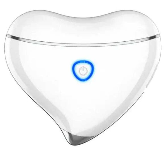 White heart-shaped face lifting slimming device with blue power button and ergonomic design for facial contouring