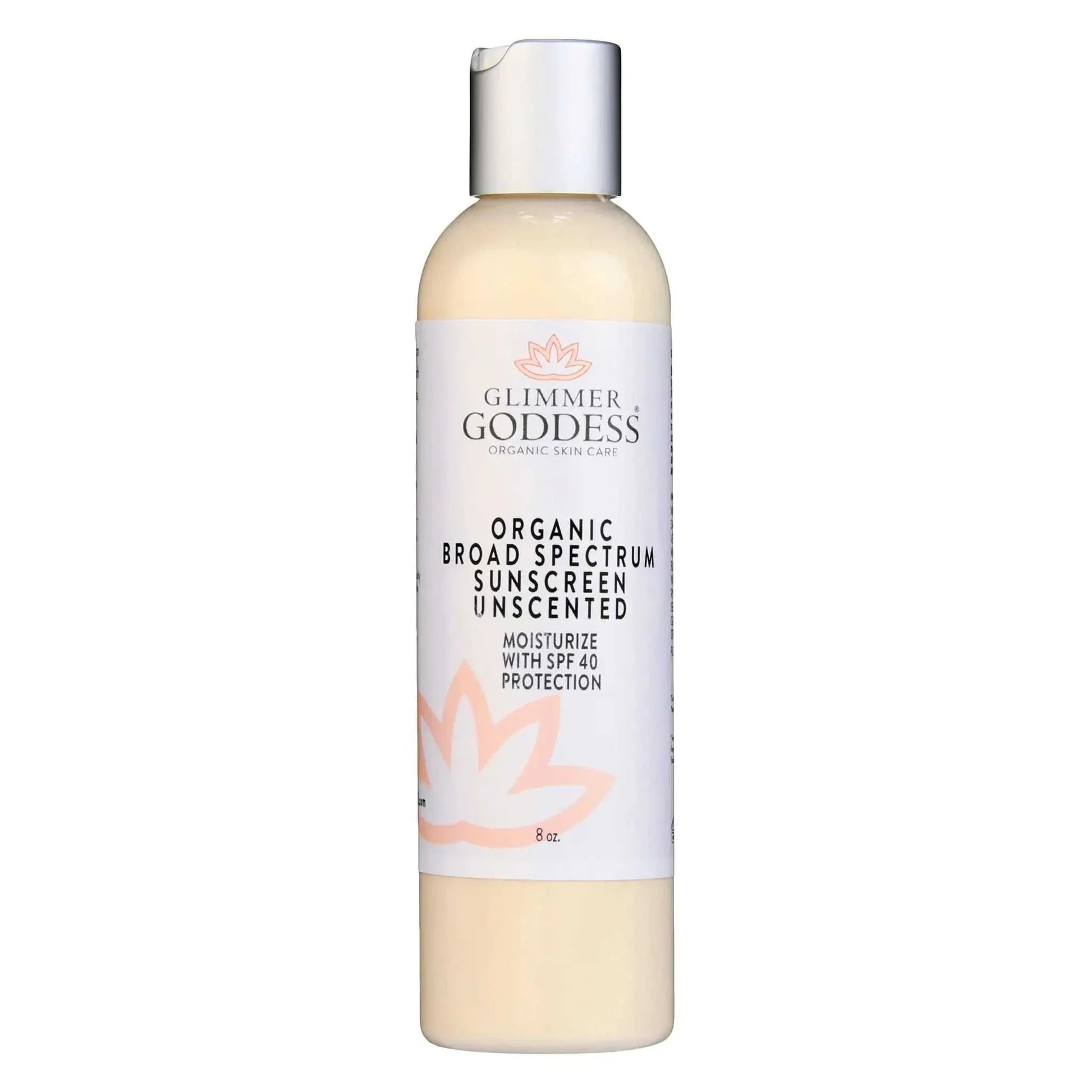 Bottle of Glimmer Goddess Organic Broad Spectrum Sunscreen SPF 40 unscented lotion