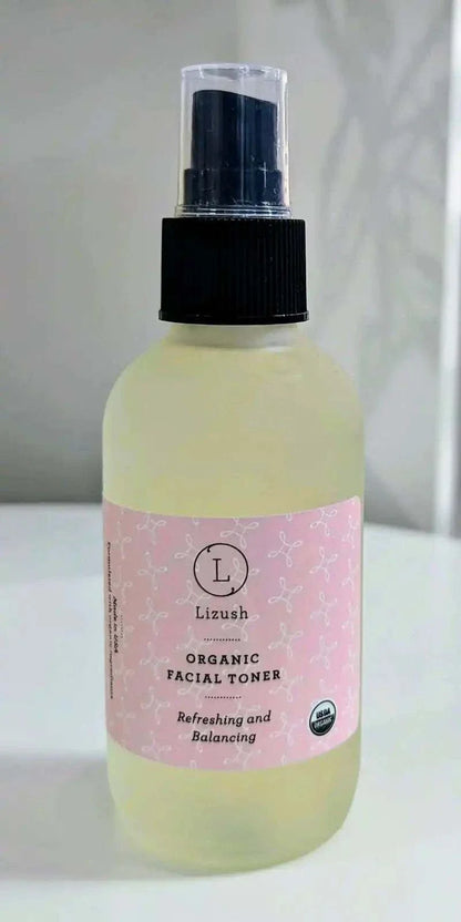 Organic Facial Toner by Lizush in spray bottle with pink label, USDA certified organic and natural ingredients