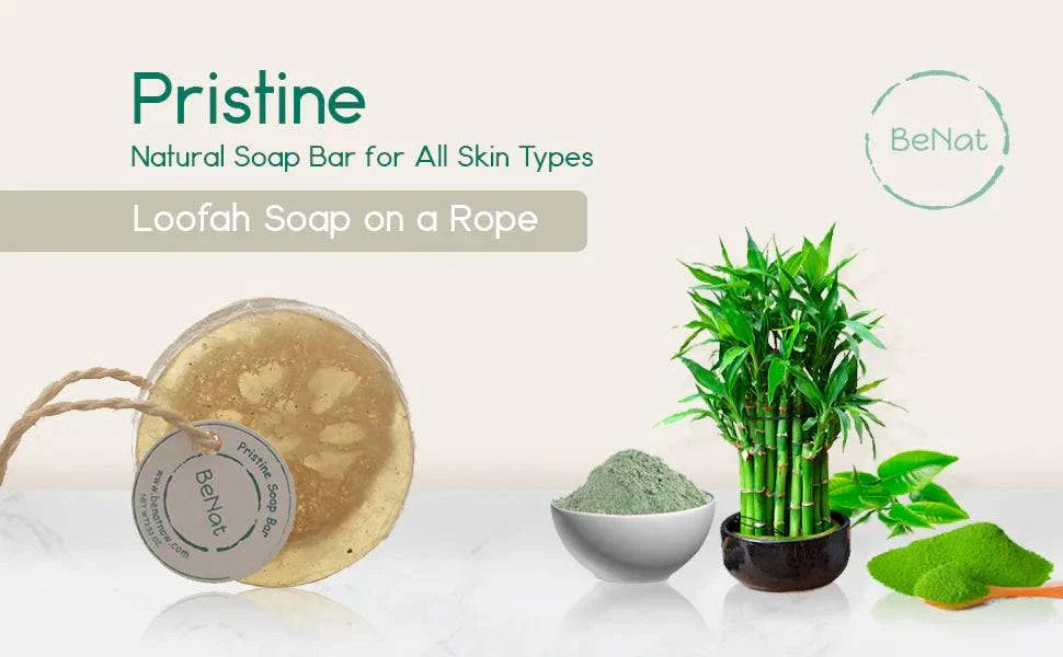 Pristine Soap Bar with green clay, bamboo, green tea, loofah on a rope, natural exfoliating and moisturizing soap for all skin types