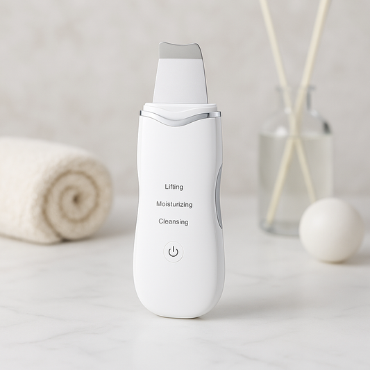 White ultrasonic deep facial cleanser and face scrubber device with lifting, moisturizing, and cleansing modes on marble surface with towel and diffuser background