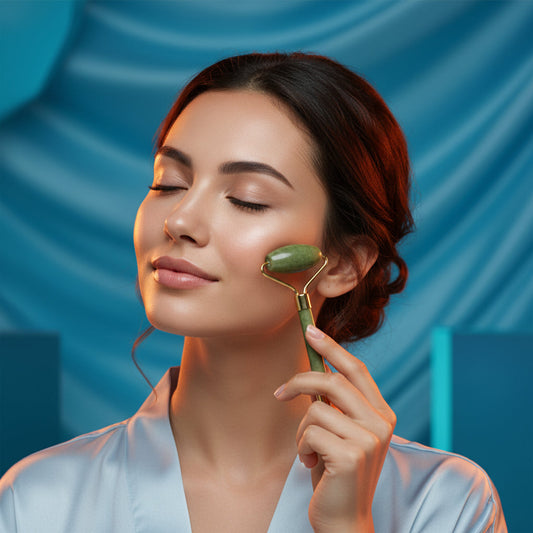 Woman using Double Head Jade Face Roller on smooth skin with blue background