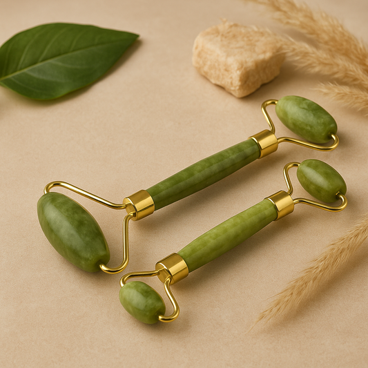 Double head jade face roller with gold accents for skin soothing and firming massage