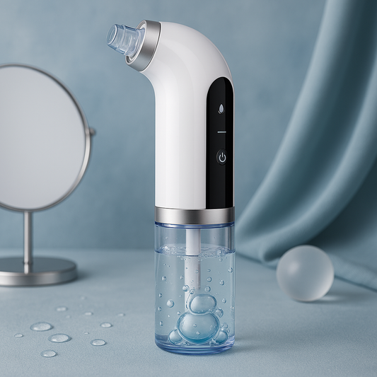 Electric blackhead vacuum remover with water container and touch controls on a blue backdrop next to small mirror and round decor sphere