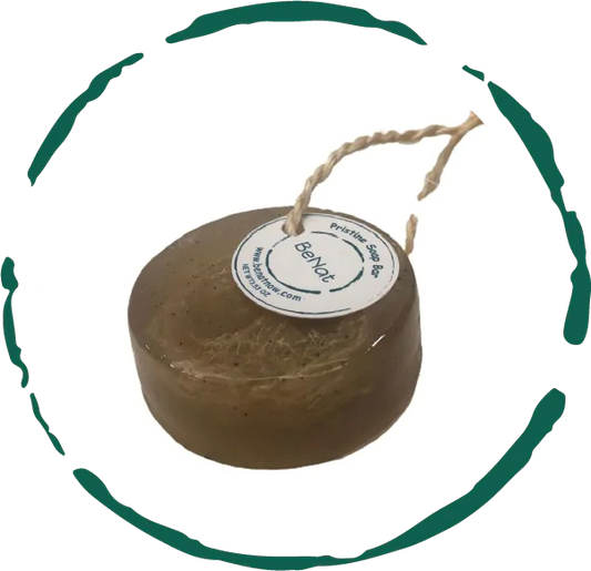 Pristine Soap Bar with green clay, bamboo, green tea, and natural loofah exfoliating soap on a rope