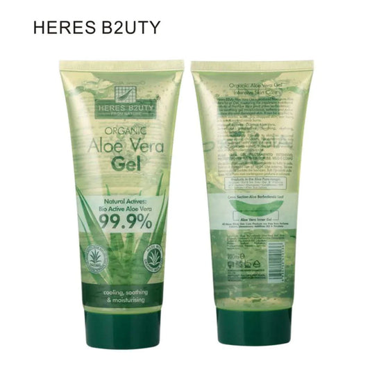 Tube of HERES B2UTY Organic Aloe Vera Gel with 99.9% active aloe, front and back view