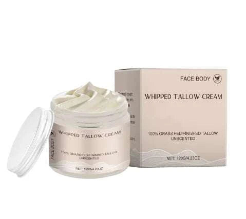 Whipped Tallow Cream natural grass-fed tallow skin moisturizer for face and body in jar with box packaging