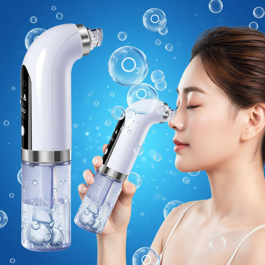 Electric blackhead vacuum remover handheld pore cleanser with water tank and bubbles for facial skincare.