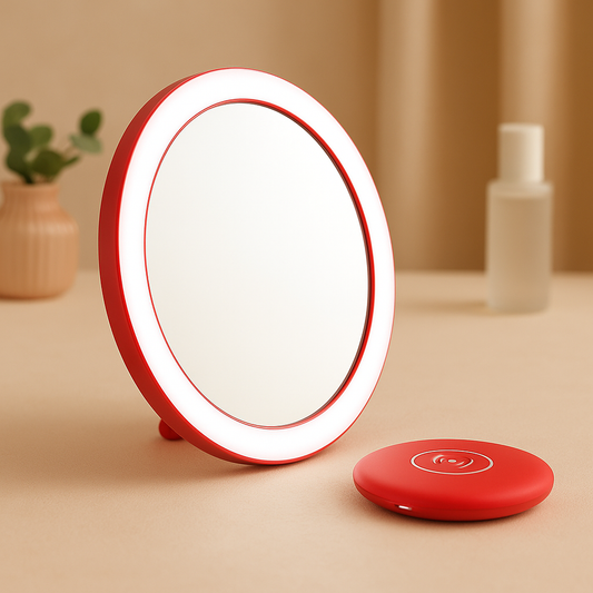 Rechargeable LED handheld makeup mirror with bright circular light and wireless charger in red on beige background