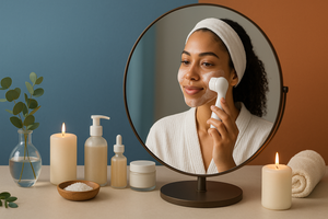 A modern beauty and wellness scene with a woman looking into a mirror while cleansing her face with a beauty tool. She is surrounded by skincare products, candles, and spa essentials. The background features elegant blue and warm orange tones, creating a fresh, calming, and luxurious atmosphere. Perfect for a Shopify beauty and wellness banner.