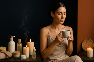 "A serene beauty and wellness scene with a woman sitting gracefully, surrounded by skincare products, candles with soft smoke, and eco-friendly accessories. She holds a cup of tea, creating a calm self-care atmosphere. Background styled in elegant black, deep blue, and warm orange tones, with natural lighting and a modern luxury aesthetic. Perfect for a Shopify banner