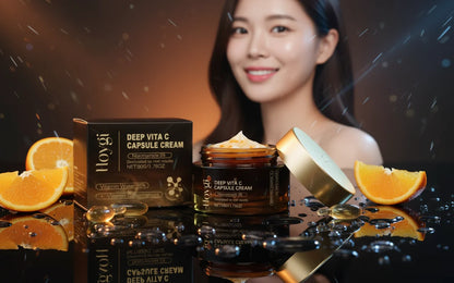 Vitamin C Facial Cream jar and box with orange slices and smiling woman in background