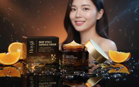 Vitamin C Facial Cream jar and box with orange slices and smiling woman in background