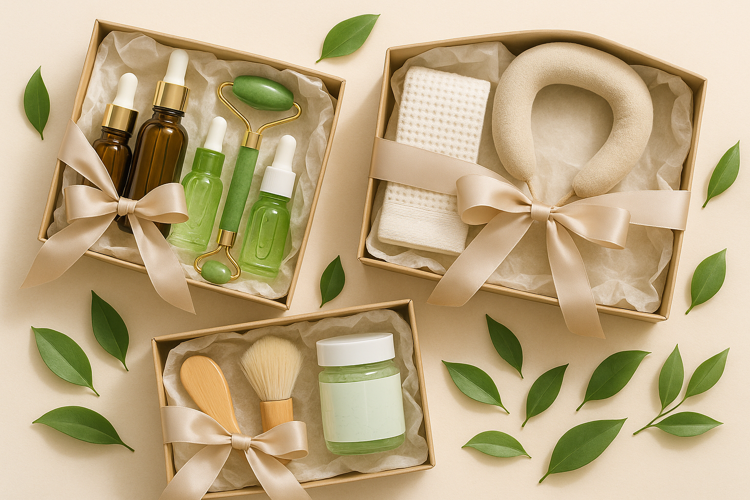 Elegant flat lay of beauty and wellness gift sets, including natural skincare products (serums, aloe gel, body butter), beauty tools (jade roller, facial brush), and wellness items (spa towel, neck massager). Styled in eco-friendly gift boxes with tissue paper, ribbons, and green leaves. Bright natural lighting, soft pastel background, modern luxury aesthetic, perfect for a Shopify banner.
