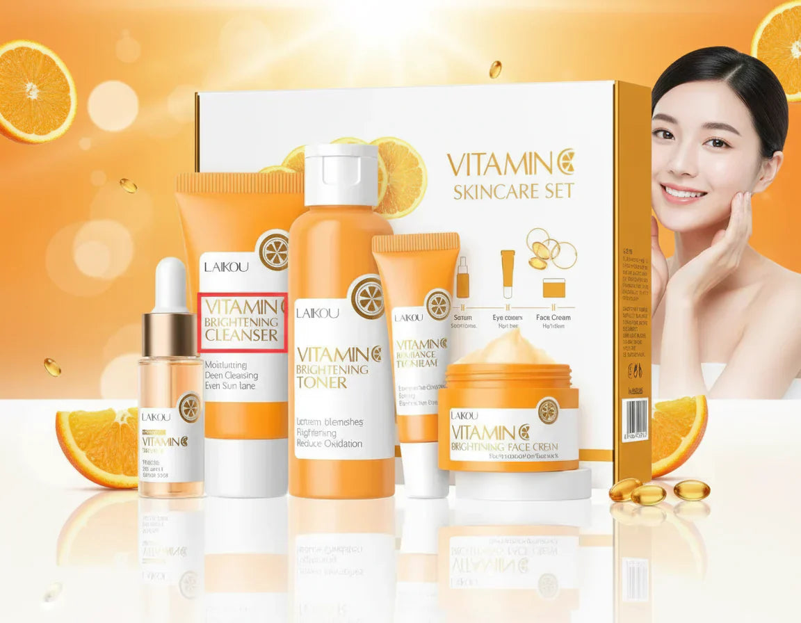 Vitamin C cleansing toner kit with brightening cleanser, serum, cream, and model with glowing skin